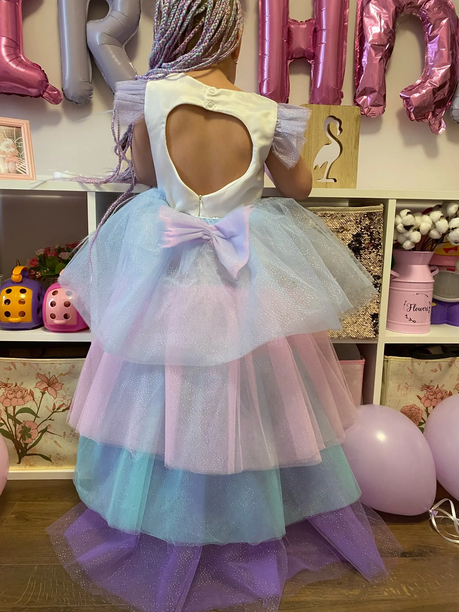 Vesto da Tutu unicorno pastello per bambina vesto da Tulle con fiore all'uncinetto per bambini con fiocco per capelli Costume da festa di compleanno per bambini vesto da cartone animato