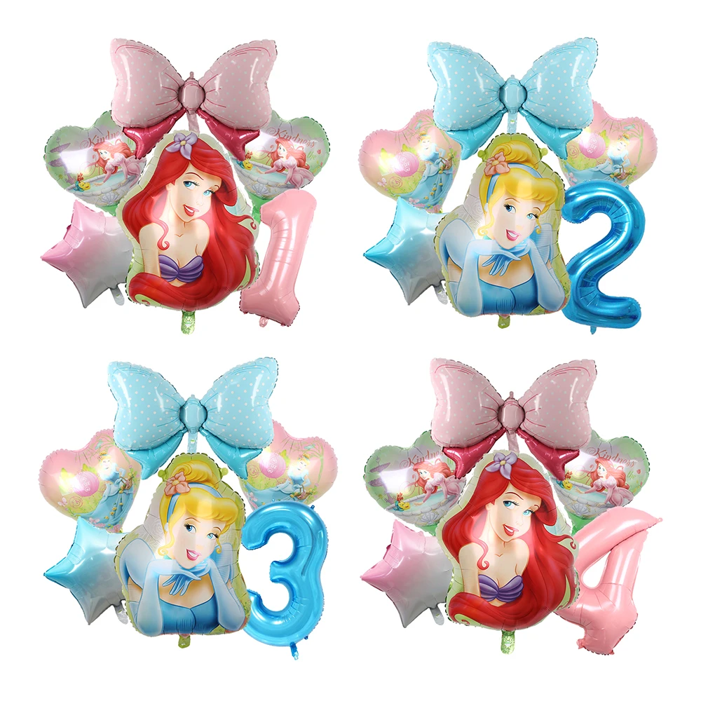 

6pcs Disney Frozen Princess and the Mermaid Themed Cartoon Balloons Pink Blue Bow 1-9th Balloon Kids Birthday Gifts Baby Toys