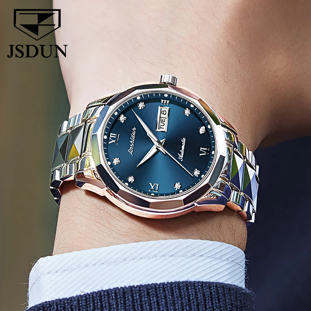 JSDUN Automatic Watch Men Original Luxury Tungsten Steel Strap Sapphire Mirror Waterproof Male Wristwatch Gift for Husband 8813