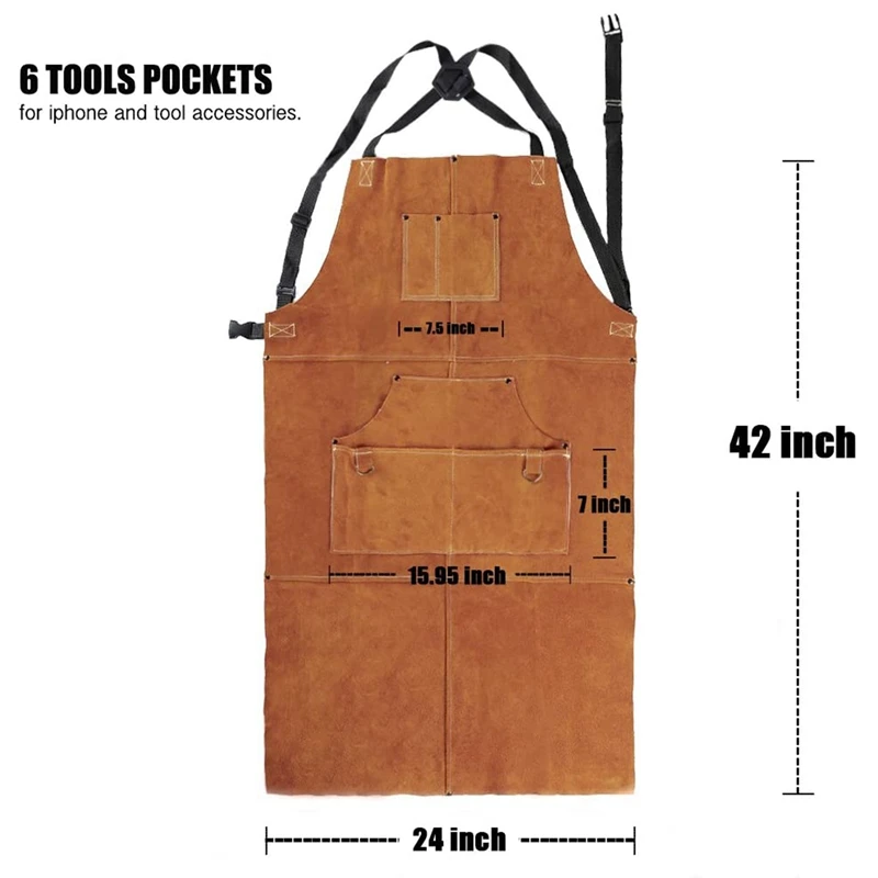 Fleece Leather Work Shop Apron with 6 Tool Pockets Heat & Flame Resistant Welding Apron, 24