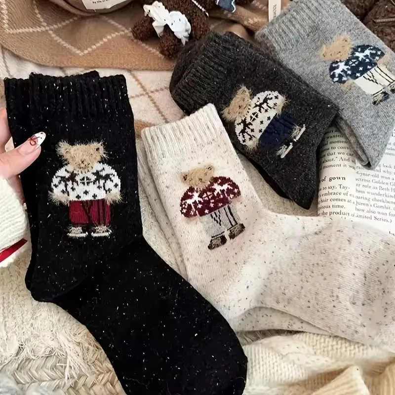 Socks for Girls Cartoon Little Bear Mid-Calf Socks Thickened for Autumn and Winter Warm Wool Slouch Socks
