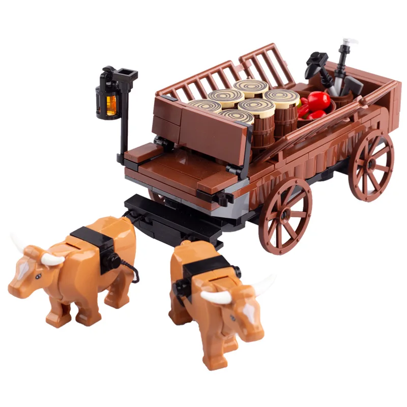 

MOC Medieval Ox Cart Transport Carriage Creative City Scene Small Particle Building Block DIY Compatible Assemble Toys Bricks