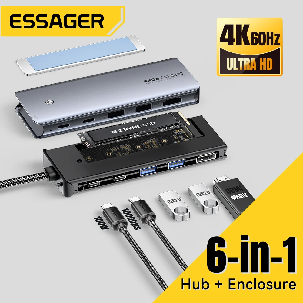 USB Hub Adapter Essager USB C With M.2 SSD Hard Disk Enclosure 6/7 in 1 PD100W USB3.2 10Gbps HDMI USB Type C For Macbook Pro Air PC