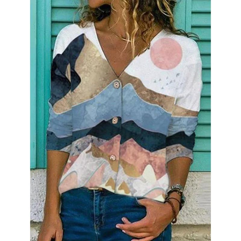 Women's Clothing 2023 Autumn and Winter New Splice Button Fashion Print V-neck Long Sleeve Oversize Versatile Temperament Shirt