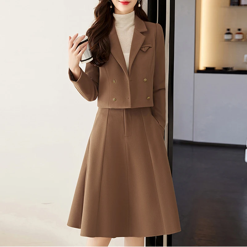 

New Autumn Winter Profession Set Women Coat Crop Top And High Waist A-Line Skirts Korean Slim Chic Office Lady Skirt Suits