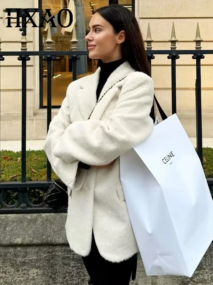 HXAO Women's Blazer White Faux Fur Blazer Office Wear Women Long Sleeve Fitted Blazers Women's Suit Jacket High Quality Blazers