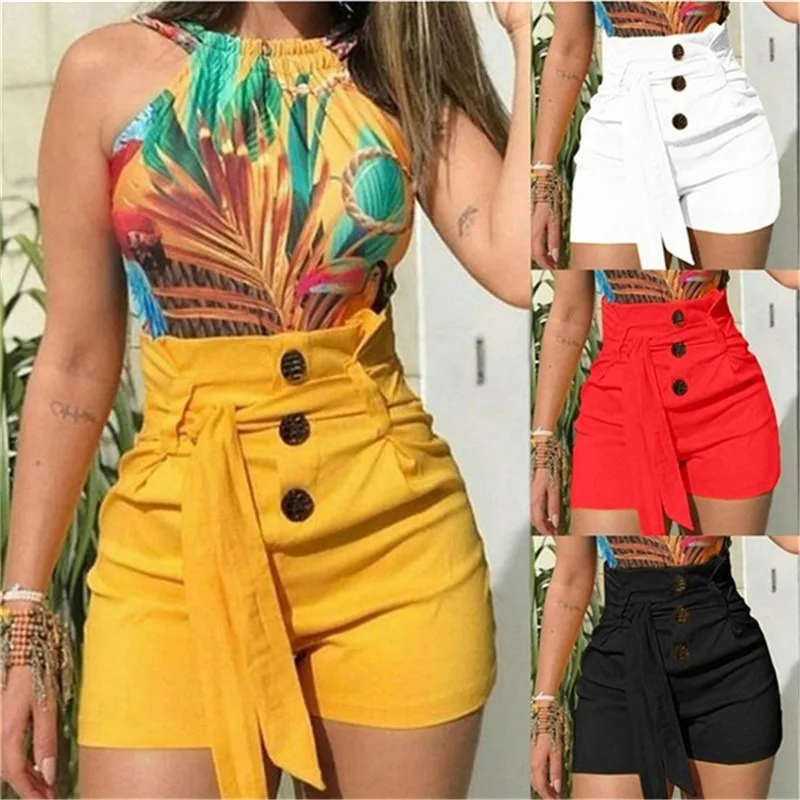 

Women Shorts High Waist Buttons Sashes Elegant Zipper Lace-up Skinny Shorts Solid Pockets Summer Casual Trouses