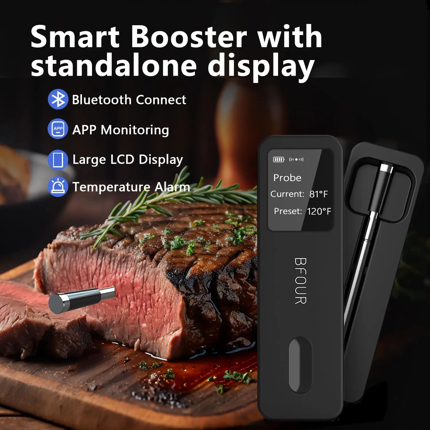 Bluetooth Wireless Meat Thermometer with Waterproof Probe, Digital LCD Display for Cooking, Oven, BBQ, Grill, and Smoker 2