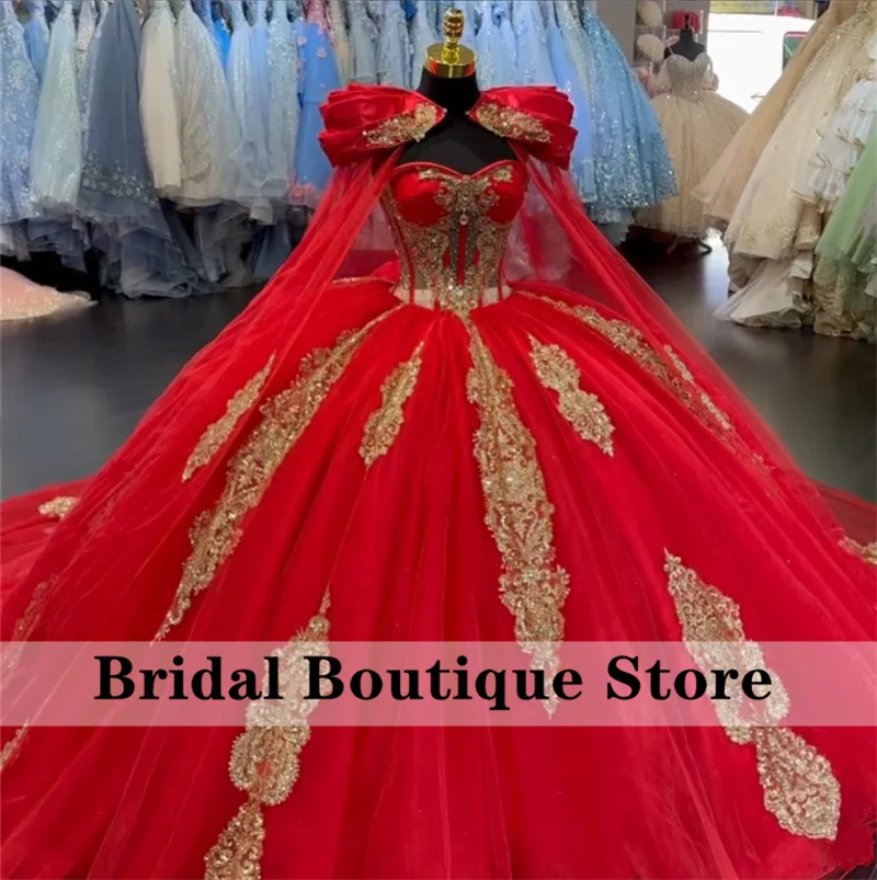 Prinzessin rotes Ballkleid Quince anera Kleider mit Cape Pailletten Applikationen Perlen süß 16 Kleid Vestidos de 15 Anos Schnürung