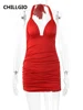 CHILLGIO Sexy Ruched Women Dress Summer Fashion Elegant Red Sleeveless Dresses Slim Backless Deep V Neck Bodycon Sheath Sundress 6