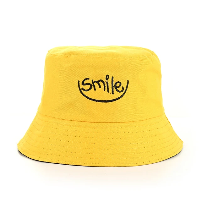 Summer Unisex Bucket Hat Smiley Embroidery Women Cotton Double-Sided Simple Bob Hip Hop Hat Fashion Panama Beach Fishing Sun Cap 3