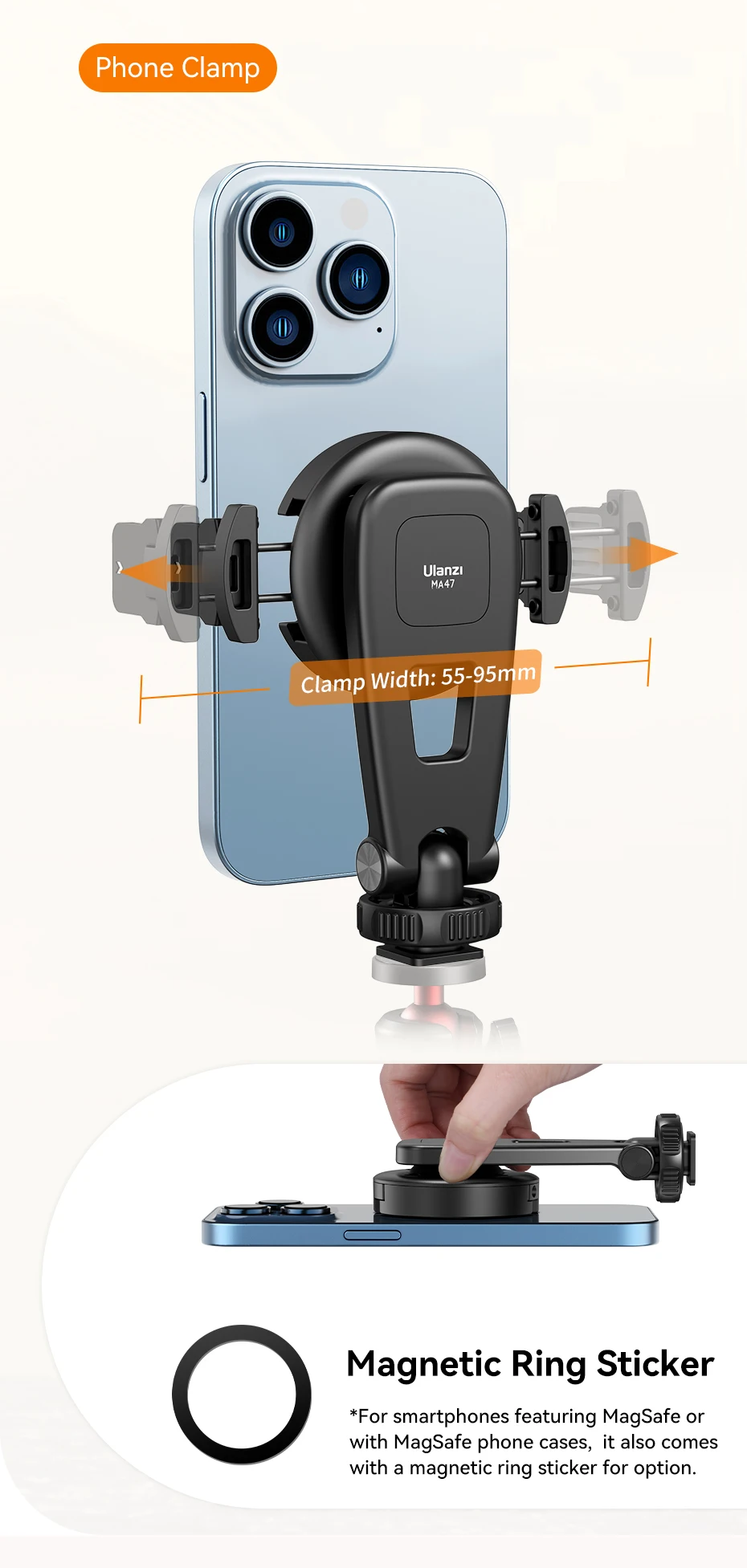MA47 2-In-1 Magnetic Phone Clamp Phone Tripod Mount Horizontal Vertical Shooting