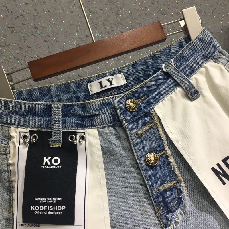 2023 Summer New Korean Style Stitching Contrast Color Denim Women's European Reverse Wear High Waist Hot Pants Shorts