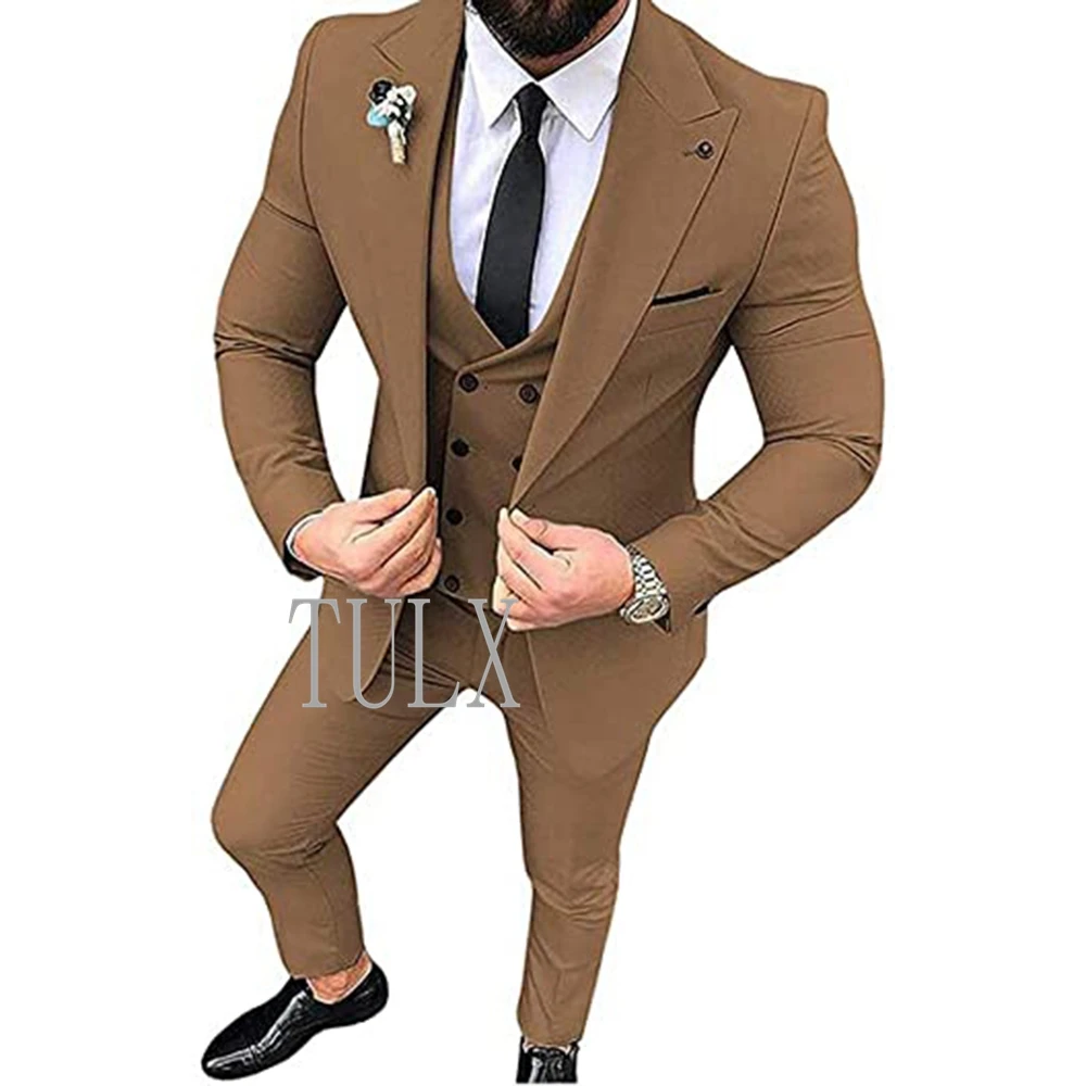 Formal Suit Men 3 Piece Peak Lapel Slim Fit For Wedding Party Business Casual