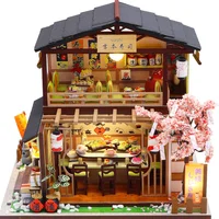 DIY Wooden Miniature Model Kit Japanese Sushi Store Casa Doll Houses 3D Puzzle Dollhouse With Furniture Lights for Friends Gifts 1