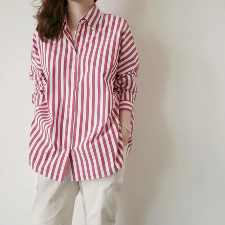 Spring and Autumn Women's Striped Shirt Lapel Button Cardigan Loose Thin Long Sleeve Fashion Street Casual Blouses