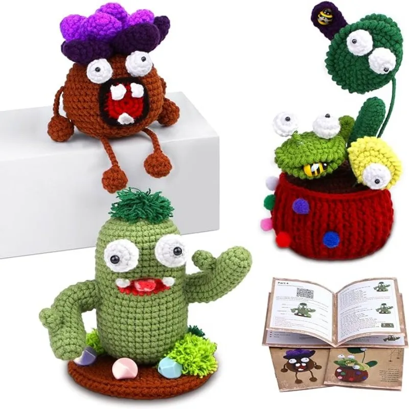 3PCS Monster Beginner Crochet Kit, Crochet Starter Kit, Kits with Video Tutorials Yarn Hooks for DIY Craft Gift