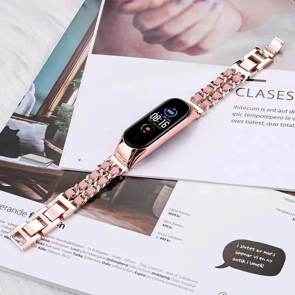 Leather + Metal Strap for Xiaomi Mi Band 8 7 6 5 4 3 Luxury Bracelet Wristband for Mi Band 8 7 Women Wrist Strap Mi Band 6 5 4 3