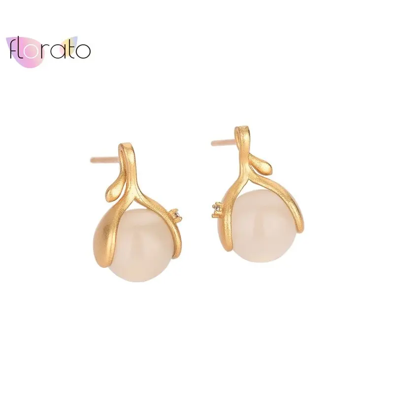 

24k Gold-Plated Inlaid Agate Chalcedony Sprouts Stud Earrings for Women Ancient Costume Hanfu Classical Trendy Jewelry Earrings