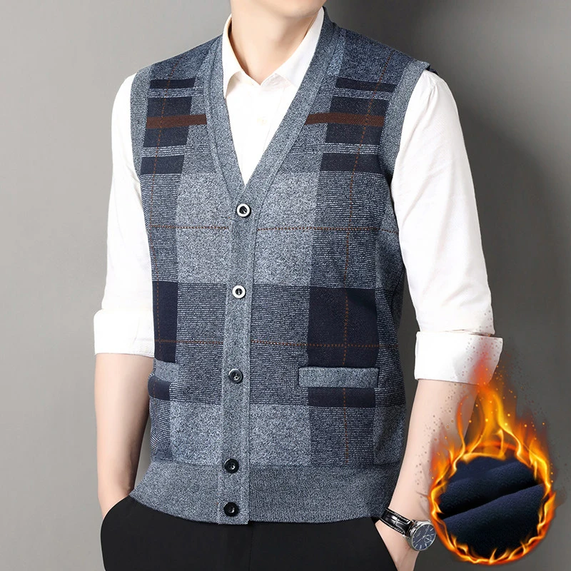 Men's Cardigan Sweater Vest with Autumn and Winter Warm Slim Knit Vest for Men