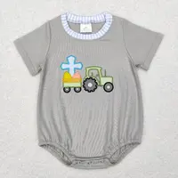 New rts style Easter Gray boys Rompers Wholesale Boutique Embroidery Cross Easter Egg Truck Pattern Girls Short Sleeve Romper 1