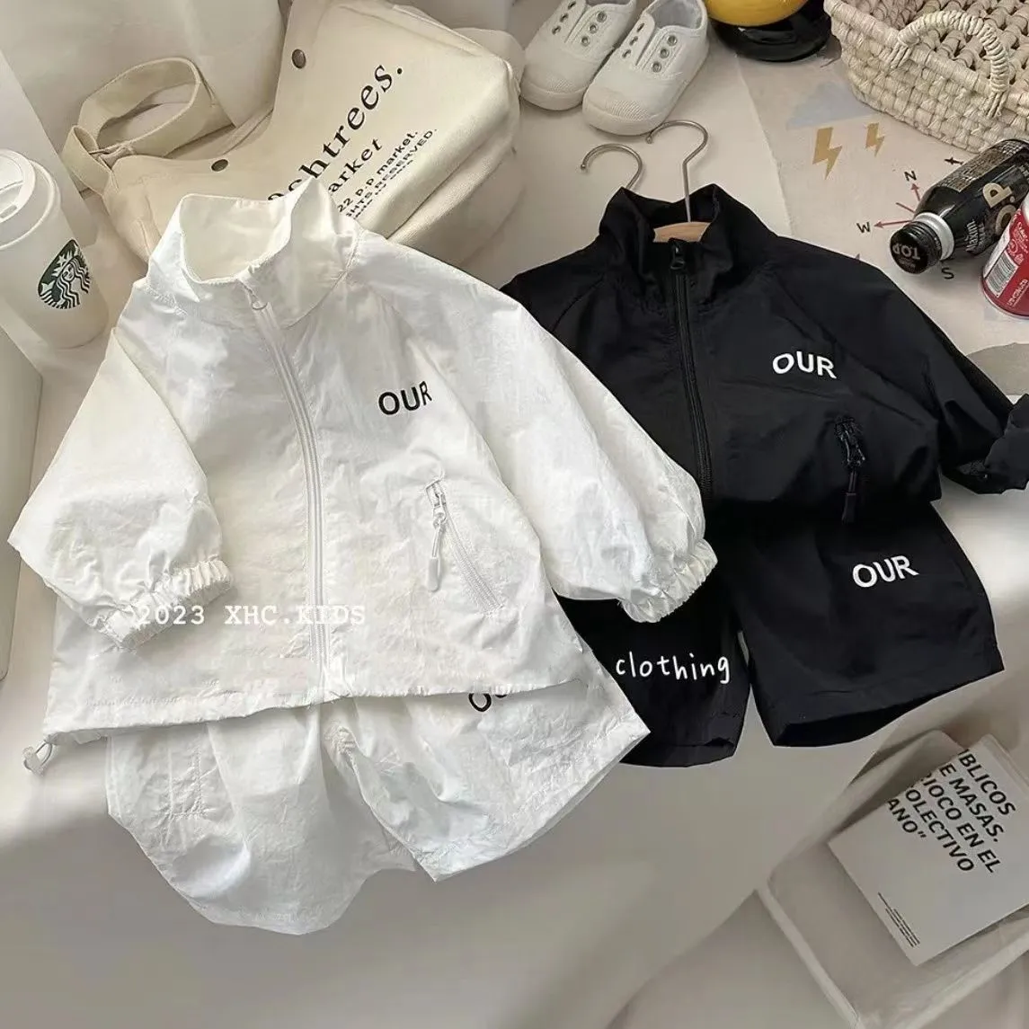 

Childrens Summer Standing Collar Sun Protection Suit Girls and Boys Thin Coat Quick Drying Clothes Shorts Two Piece Set Kids