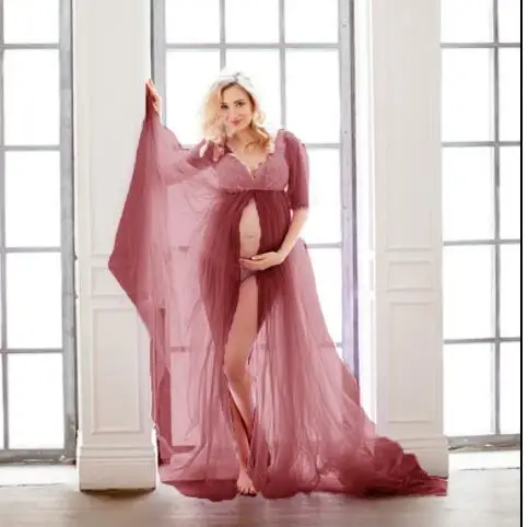 

Summer Fashion Maternity Tulle chiffon Long Dresses color matching Dress Stretchy Pregnancy Photography Dress Cape Long Desses