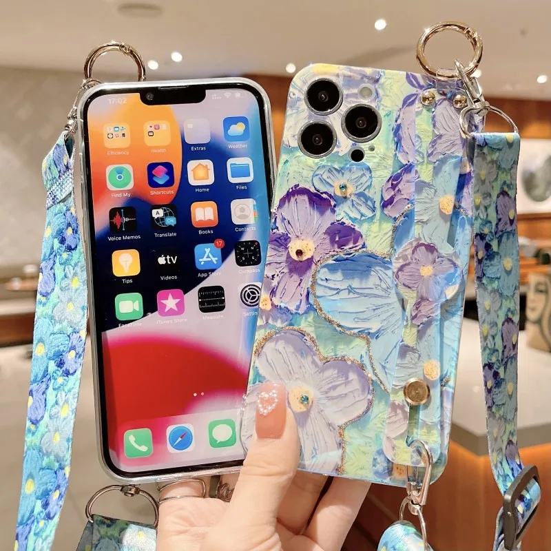 Crossbody Strap Case Samsung Galaxy S24 Ultra S21 FE S22 Plus Note 20 S23 FE Blue Ray Rhinestone Oil Painting Flower Cover phone case