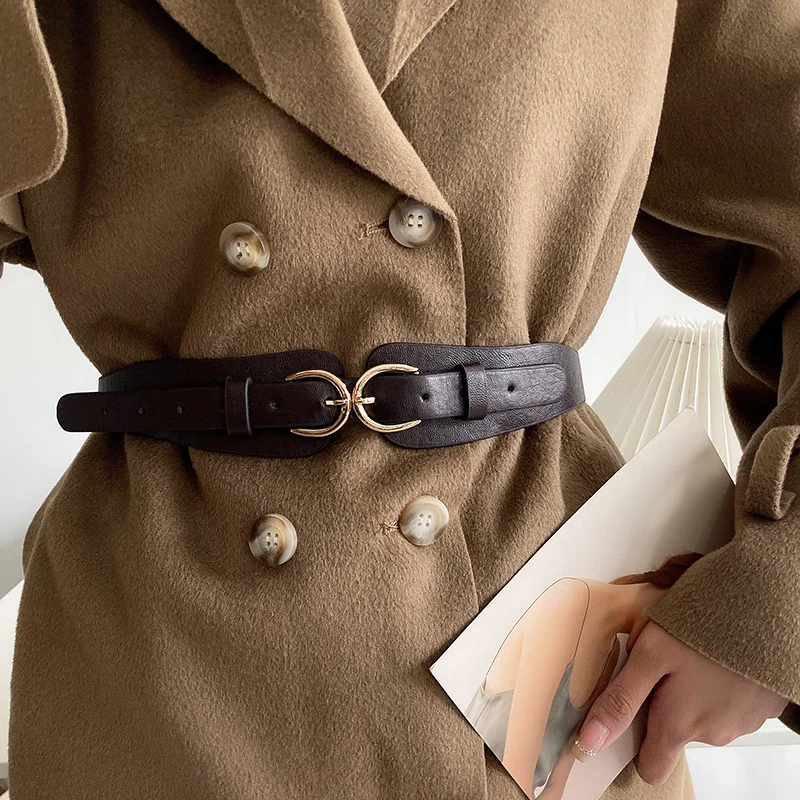 1pcs Women's Decorative Waist Belt, Matching Skirt and Wool Coat Design, Ins Style Black Versatile Leather Belt for Women, Suita