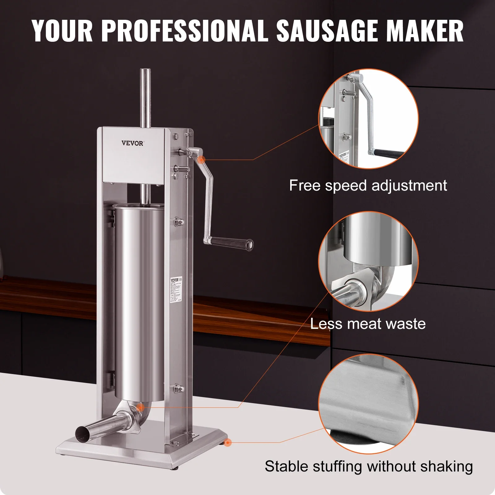 VEVOR Manual Sausage Stuffer 3 5 7 L Stainless Steel Making Sausage Vertical Maker With 5 Filling Funnels For Home Commercial