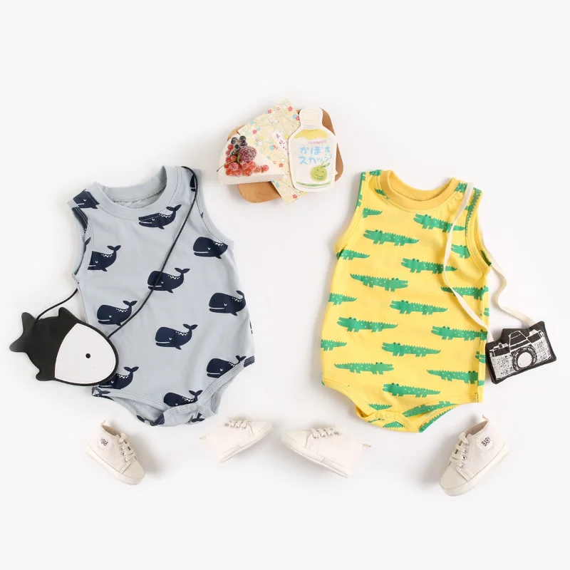 

2023 Summer Cute Animal Printed Romper Baby Boys Sleeveless Bodysuits Cartoon Baby Onesie Cotton Toddler Boys Clothes 0-3Y