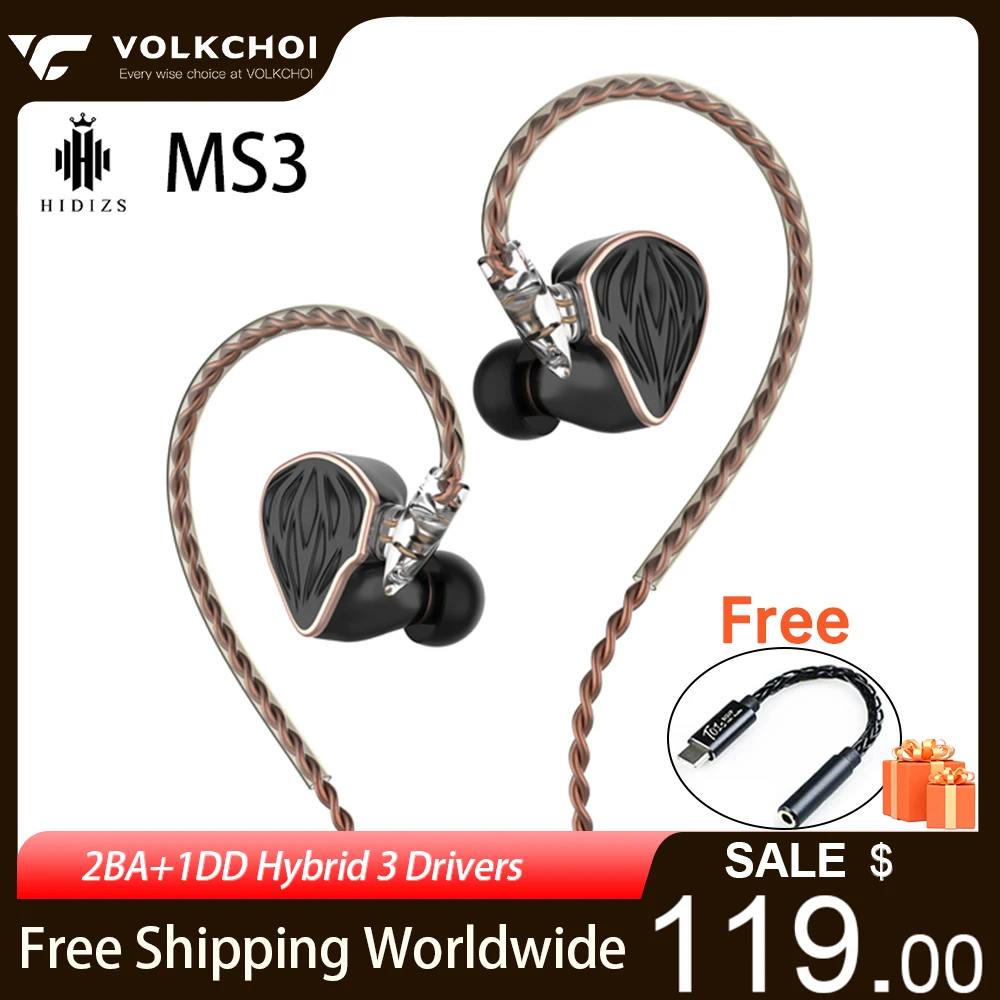 

Наушники-вкладыши Hidizs MS3 2BA + 1DD, гибридные Hi-Fi наушники с монитором и съемным кабелем 0,78 мм, проводные наушники-вкладыши с 2 разъемами