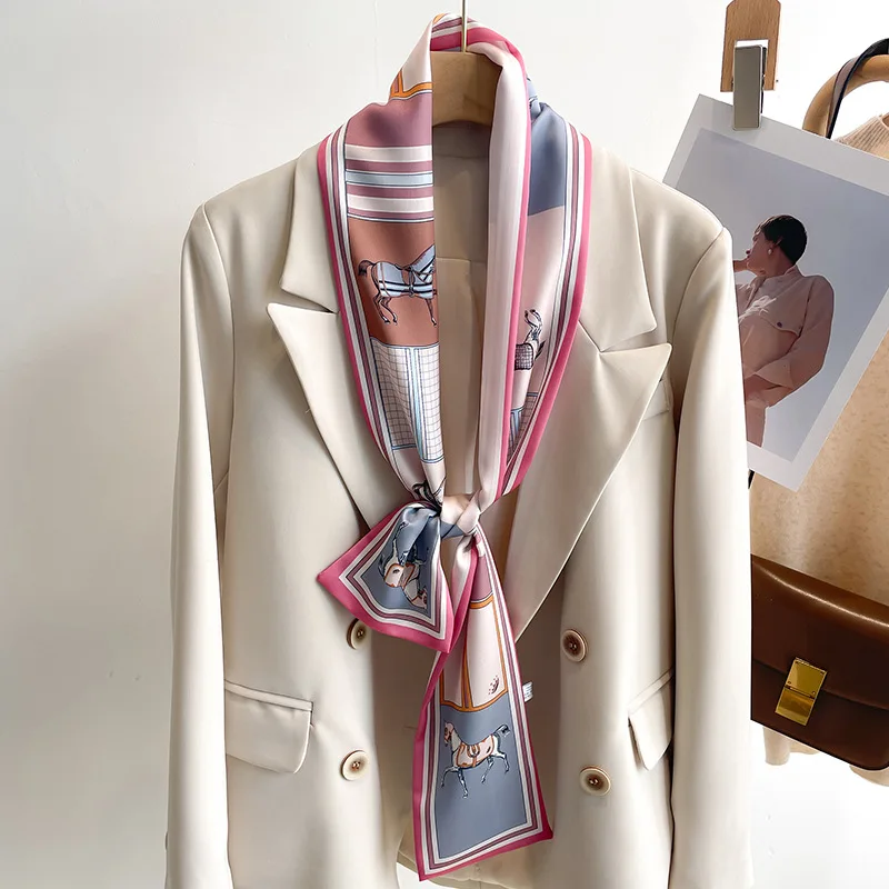 2024 Luxury Design Print Skinny Ribbon Silk Scarf for Women Neckerchief Hairband Foulard Female Soft Satin Hands Bag Neck Ties 5