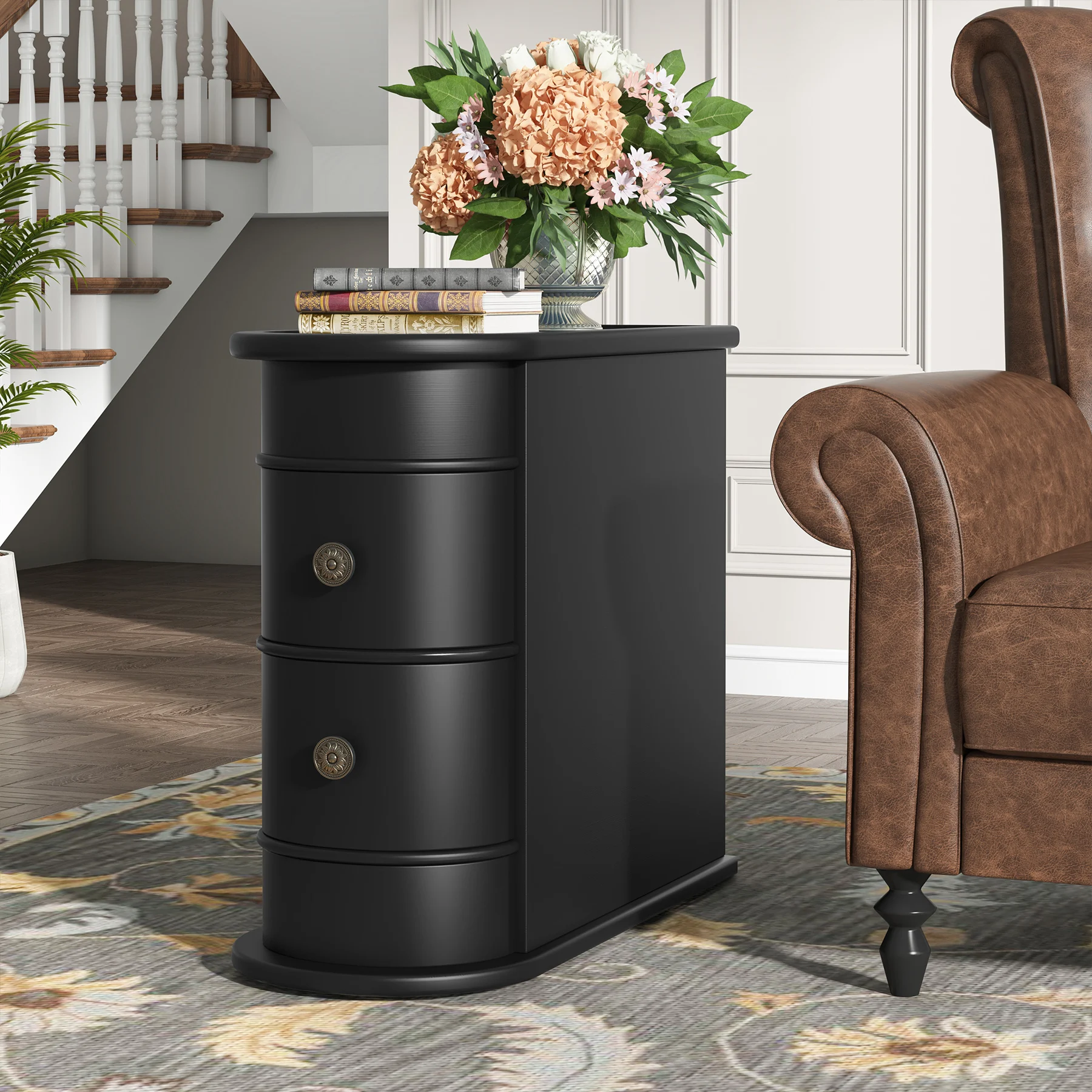 Tribesigns Wood End Table, 2-Drawer Narrow Side Table Slim Chair Solid Side Table, No Assembly Required, Finished Back | Slim