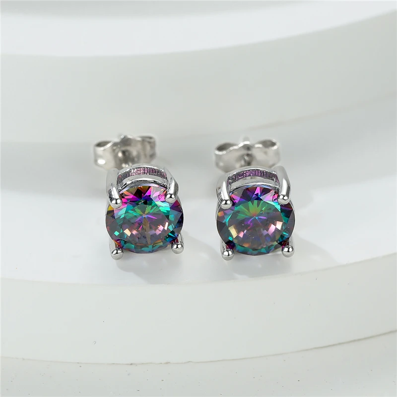 Luxury Female Crystal Rainbow Zircon Stone Round Stud Earrings Vintage Silver Color Wedding Fashion Jewelry For Women
