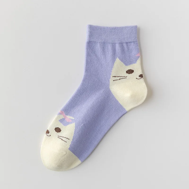 6 Paar Damen Frühling und Herbst Mode Neue Süße Kätzchen-Gesicht Damen Kurzsocken Bequeme Cartoon-Katzen Trend Mittellange Socken – Detail 17