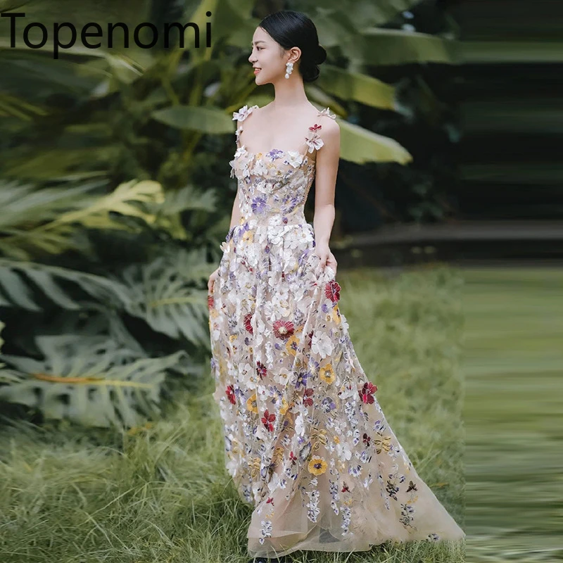 

Topenomi French 3D Flowers Spaghetti Strap Evening Dress Women 2024 Summer Temperament Waist Slim Formal Quinceanera Dresses Ins