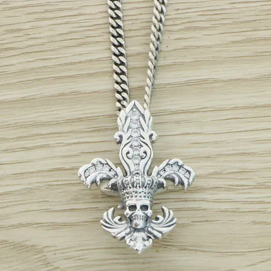 

Dark Personality Trendy Men's Gothic Punk Hip Hop Skull Scout Flower 925 Sterling Silver Motorcycle Crowd Pendant Necklace