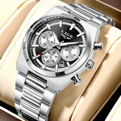 LIGE Men's Waterproof Luminous Quartz Chronograph Sport Watch with Gift Box (Silver black)