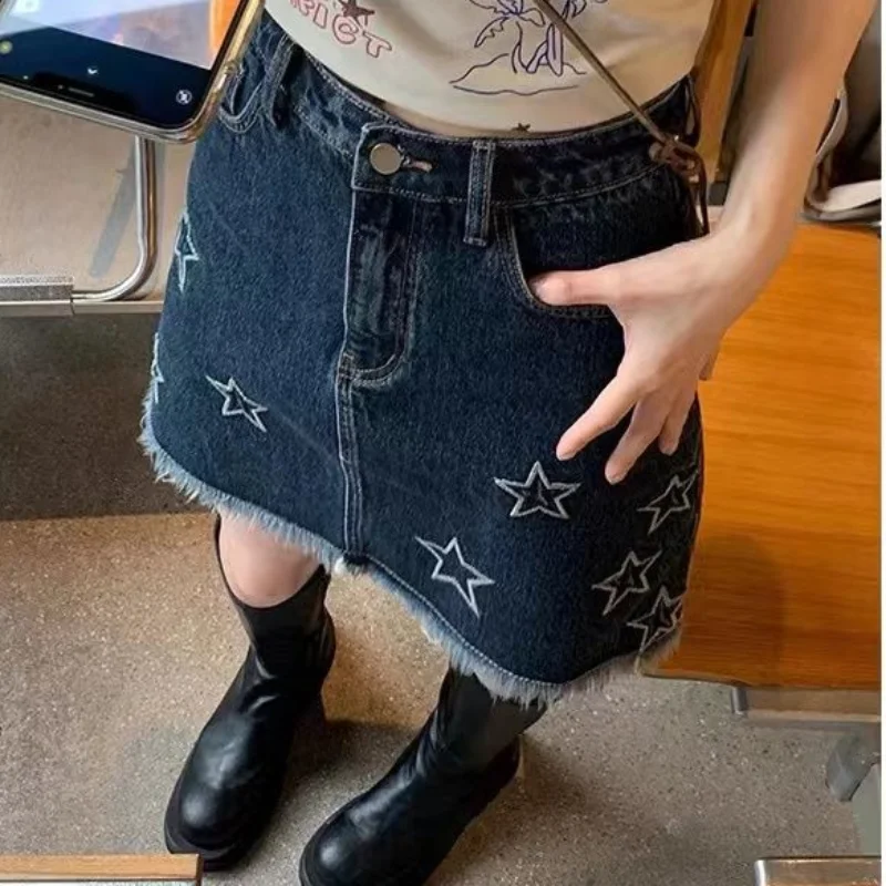 

American Retro Denim Skirt Summer Women's High Waist A-line Bag Hip Skirt Star Embroidery Button Slim Fringed Pocket Jean Skirt