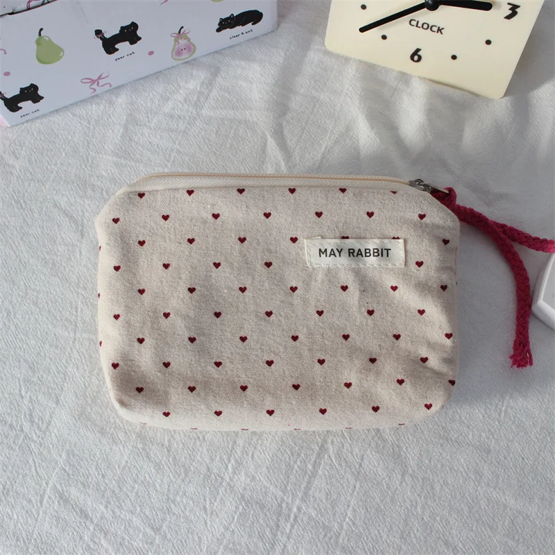 Koreanischer Stil Frischer Polka Dot Herzchen Münzbeutel aus Canvas Tragbare Mini-Schlüsseltasche Einfache Stoff-Kartenbörse für Damen – Detail 10