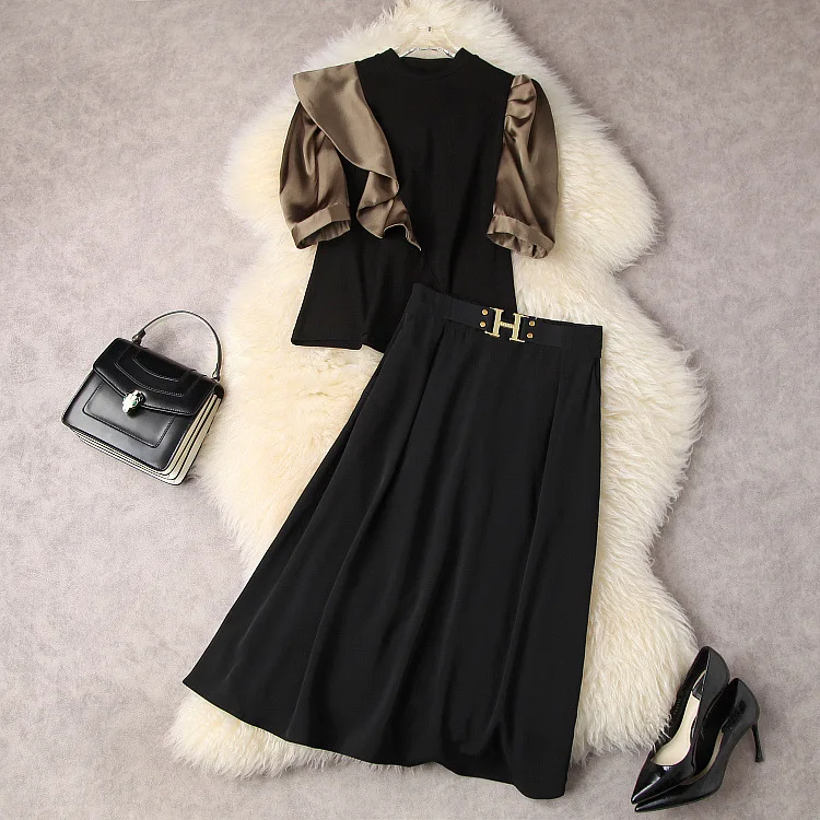 

European and American women's wear spring 2022 new Shirt with half-sleeve patchwork flounces Pleated skirt Fashion suits