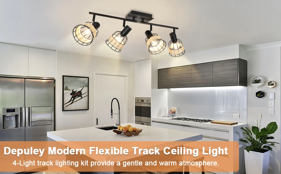 Description Picture 2 of itemDepuley LED 4-light Rattan Ceiling Spotlight Farmhouse Bamboo Track Lamp Woven Cage for Foyer Dining Room Balcony Kitchen