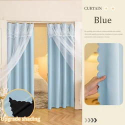 Elegant Double Layer Lace Blackout Curtains for Living Room and Bedroom (S1 Blue one panel)