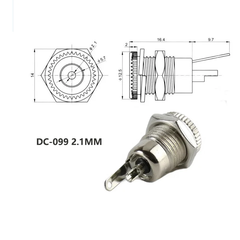 암 패널 마운트 커넥터, DC 전원 잭 소켓, 금속 DC-099, 개방 구멍 11mm, 5.5x2.1 5.5x2.5mm, DC099, 5.5mm x 2.1mm, 10 개, 50 개