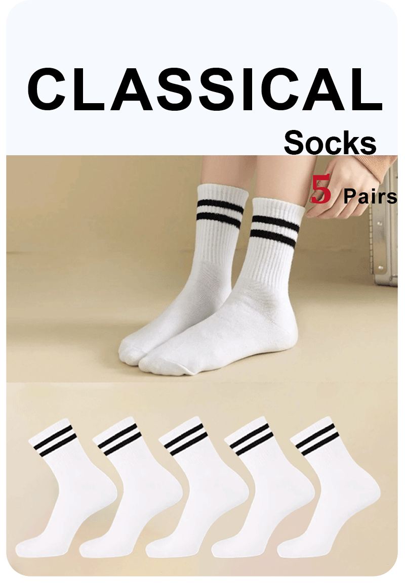 5 Pairs Women's Mid Length Socks Solid Color Parallel Stripe Simple Fashionable Sports Sweat-Absorbing High-Quality Girls' Socks
