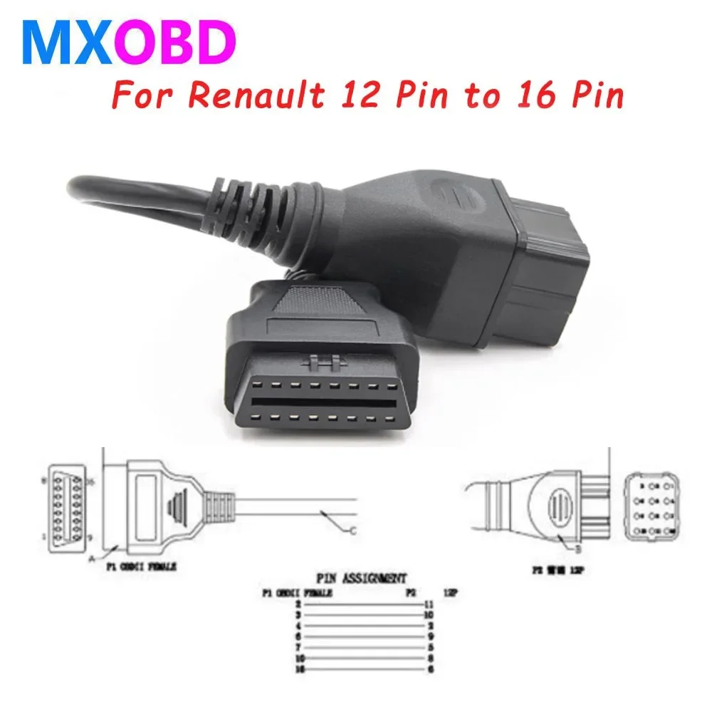 

For Renault 12 Pin OBDII OBD2 Connector Adapter Diagnostic Extension Cable 16Pin For Renault 12Pin with ELM 327 V2.1 Code Reader