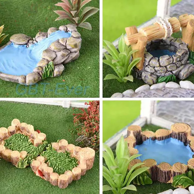 초현실적인 미니어처: 우물 연못 흐르는 물 잔디 모델로 정원에 생명 불어넣기