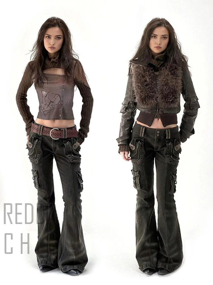 REDDACHiC Dual-Button Low Rise Women Cargo Pants Grunge Zipper Decor Pockets Do Old Whiskers Flare Jeans Grayu Y2k Streetwear 3