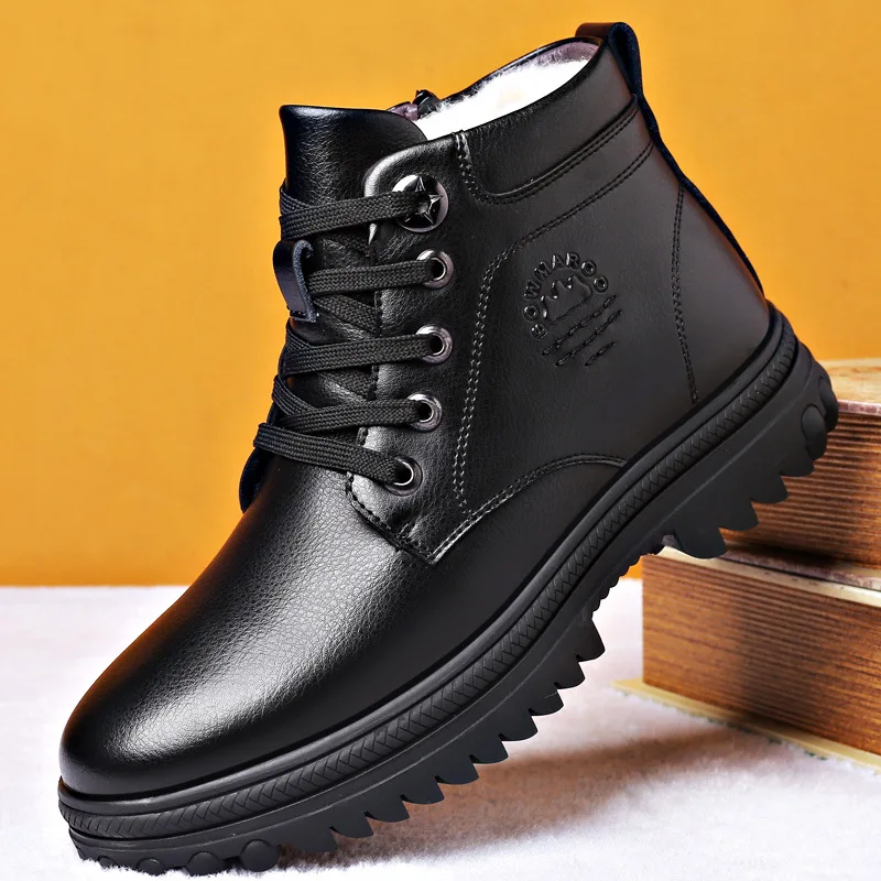 Winter Genuine Leather Men's Boots Natural Fur Warm Ankle Boots Working Men Footwear Waterproof Snow Rubber